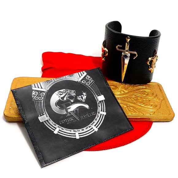 14-18 KT Yellow Gold Bangle Cuff Bracelet Studded Grained Leather - Picture 3 of 12